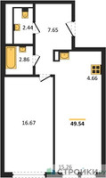 Планировка однокомнатной(квартира) площадью 49.54 квадратных метров в “ЖК Остафьево”