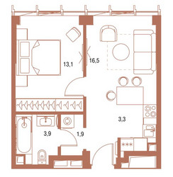 Планировка однокомнатной(квартира) площадью 38.6 квадратных метров в ЖК “ЖК Symphony 34 (Симфония 34)”