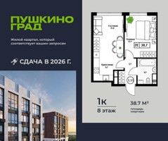 Планировка однокомнатной(квартира) площадью 38.7 квадратных метров в “ЖК Пушкино Град”