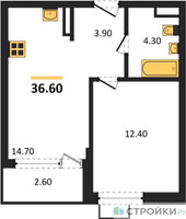 Планировка однокомнатной(квартира) площадью 36.6 квадратных метров в “ЖК Прокшино”