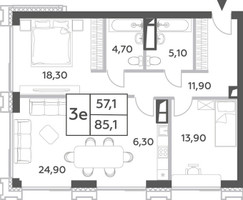 Планировка трехкомнатной(квартира) площадью 85.1 квадратных метров в “ЖК Will Towers (Вилл Тауэрс)”