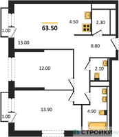 Планировка двухкомнатной(квартира) площадью 63.65 квадратных метров в “ЖК Sky Sputnik (Скай Спутник)”