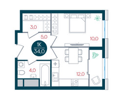 Планировка однокомнатной(квартира) площадью 34 квадратных метров в “ЖК РУСИЧ-Кантемировский”