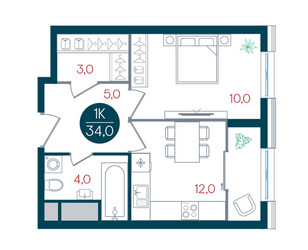 Планировка однокомнатной(квартира) площадью 34 квадратных метров в ЖК “ЖК РУСИЧ-Кантемировский”