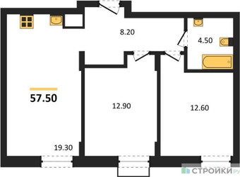 Планировка двухкомнатной(квартира) площадью 57.5 квадратных метров в ЖК “ЖК Резиденции Сколково”