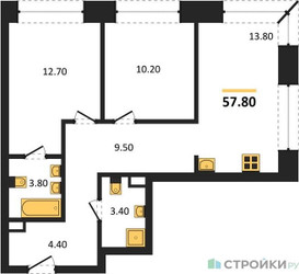 Планировка двухкомнатной(квартира) площадью 57.8 квадратных метров в ЖК “ЖК Portland (Портланд)”