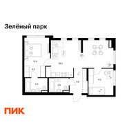 Планировка двухкомнатной(квартира) площадью 65.6 квадратных метров в “ЖК Зеленый парк”