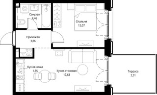 Планировка однокомнатной(квартира) площадью 42.08 квадратных метров в “ЖК Сити Бэй”