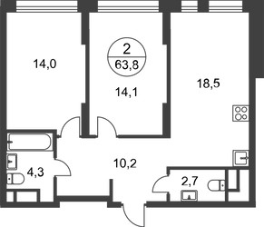Планировка двухкомнатной(квартира) площадью 63.8 квадратных метров в ЖК “ЖК Переделкино Ближнее”