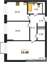 Планировка двухкомнатной(квартира) площадью 53.88 квадратных метров в “ЖК Рублевский Квартал”