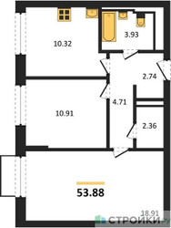 Планировка двухкомнатной(квартира) площадью 53.88 квадратных метров в ЖК “ЖК Рублевский Квартал”