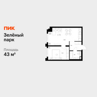 Планировка однокомнатной(квартира) площадью 43 квадратных метров в “ЖК Зеленый парк”