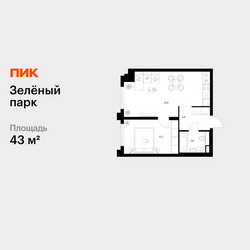 Планировка однокомнатной(квартира) площадью 43 квадратных метров в ЖК “ЖК Зеленый парк”