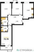 Планировка трехкомнатной(квартира) площадью 72.7 квадратных метров в “ЖК Прокшино”