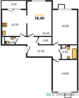 Планировка трехкомнатной(квартира) площадью 78.9 квадратных метров в “ЖК ЮЖНАЯ БИТЦА”