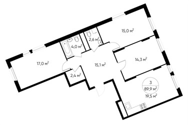 Планировка трехкомнатной(квартира) площадью 89.9 квадратных метров в ЖК “ЖК Переделкино Ближнее”