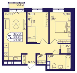 Планировка трехкомнатной(квартира) площадью 49.7 квадратных метров в ЖК “ЖК Героев”
