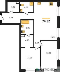 Планировка двухкомнатной(квартира) площадью 74.32 квадратных метров в ЖК “ЖК УЛЬТИМА Сити”