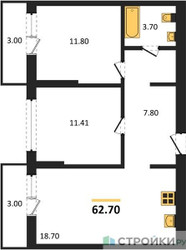 Планировка двухкомнатной(квартира) площадью 62.7 квадратных метров в ЖК “ЖК Первый квартал”