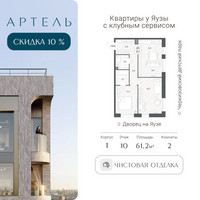 Планировка трехкомнатной(квартира) площадью 61.2 квадратных метров в “ЖК АРТЕЛЬ”