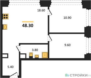 Планировка двухкомнатной(квартира) площадью 48.3 квадратных метров в ЖК “ЖК Voice Towers (Войс Тауэрс)”
