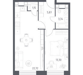 Планировка однокомнатной(апартаменты) площадью 46.38 квадратных метров в ЖК “ЖК Пятницкое 58 (Перец)”