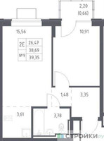 Планировка однокомнатной(квартира) площадью 39.35 квадратных метров в “ЖК Богдановский Лес”