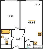 Планировка однокомнатной(апартаменты) площадью 41.66 квадратных метров в “ЖК Пятницкое 58 (Перец)”
