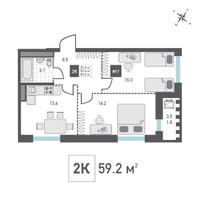 Планировка двухкомнатной(квартира) площадью 59.2 квадратных метров в “ЖК Зеленоград Ривьера”