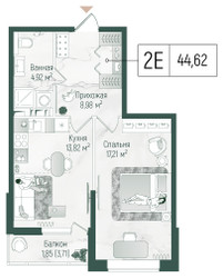 Планировка однокомнатной(квартира) площадью 46.79 квадратных метров в ЖК “ЖК Рига Хиллс”