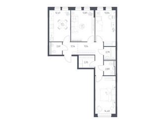 Планировка трехкомнатной(квартира) площадью 78.52 квадратных метров в ЖК “ЖК Пригород Лесное”