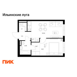 Планировка однокомнатной(квартира) площадью 34.41 квадратных метров в ЖК “ЖК Ильинские луга”