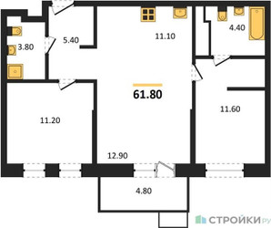 Планировка двухкомнатной(квартира) площадью 61.8 квадратных метров в ЖК “ЖК Союзный”