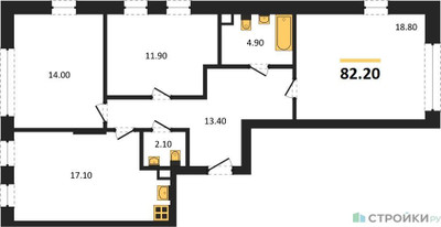 Планировка трехкомнатной(квартира) площадью 82.2 квадратных метров в ЖК “ЖК Переделкино Ближнее”