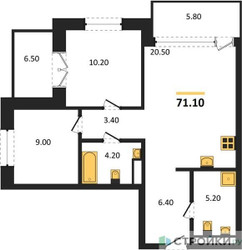 Планировка двухкомнатной(квартира) площадью 71.1 квадратных метров в ЖК “ЖК МОНС”