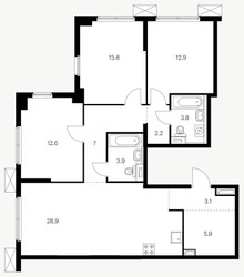 Планировка трехкомнатной(квартира) площадью 87.4 квадратных метров в ЖК “ЖК Большая Академическая 85”