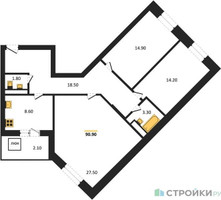 Планировка трехкомнатной(квартира) площадью 90.9 квадратных метров в “ЖК Три квартала”