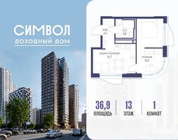 Планировка однокомнатной(квартира) площадью 36.9 квадратных метров в “ЖК Символ”