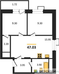 Планировка двухкомнатной(квартира) площадью 47.03 квадратных метров в ЖК “ЖК Радость (Радумля Парк)”