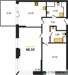 Планировка двухкомнатной(квартира) площадью 68.1 квадратных метров в ЖК “ЖК VERY на Миклухо-Маклая (Вери на Миклухо-Маклая)”