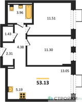 Планировка двухкомнатной(квартира) площадью 53.13 квадратных метров в “ЖК Егорово Парк”
