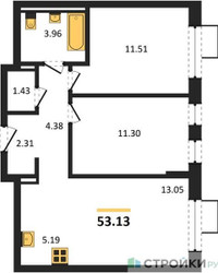Планировка двухкомнатной(квартира) площадью 53.13 квадратных метров в ЖК “ЖК Егорово Парк”