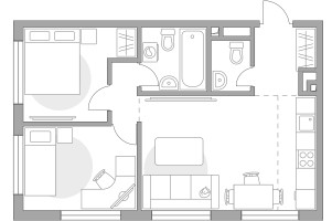 Планировка трехкомнатной(квартира) площадью 56.3 квадратных метров в “ЖК BeLuck Коломенское”