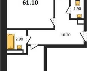 Планировка двухкомнатной(квартира) площадью 61.1 квадратных метров в ЖК “ЖК Три квартала”
