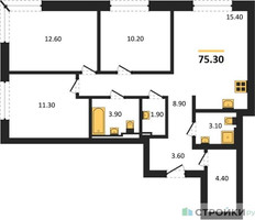 Планировка трехкомнатной(квартира) площадью 75.3 квадратных метров в “ЖК Квартал Герцена”