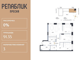 Планировка трехкомнатной(квартира) площадью 91.35 квадратных метров в “ЖК Репаблик”