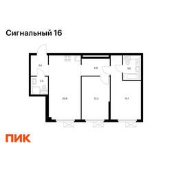 Планировка двухкомнатной(квартира) площадью 62.6 квадратных метров в ЖК “ЖК Сигнальный 16”