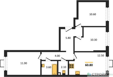 Планировка трехкомнатной(квартира) площадью 60.8 квадратных метров в ЖК “ЖК Лучи-2”