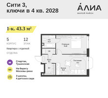 Планировка однокомнатной(квартира) площадью 43.3 квадратных метров в “ЖК АЛИА”