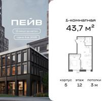 Планировка однокомнатной(квартира) площадью 43.7 квадратных метров в “ЖК ПЕЙВ”